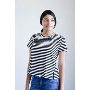 AMO Large Black White Twist Tee Seaton Stripe Distressed Cotton Blend